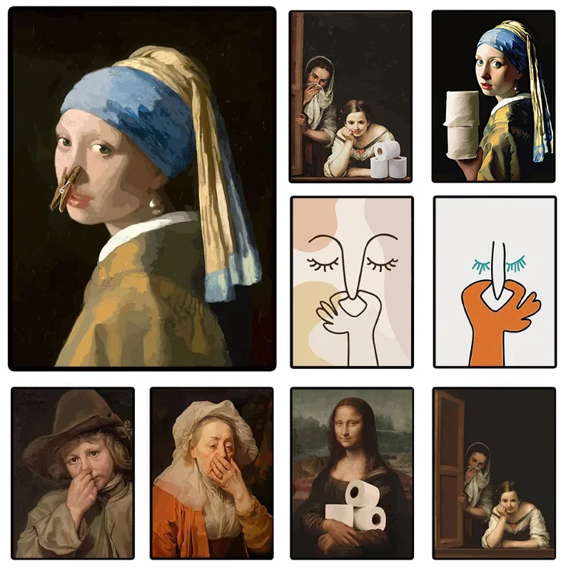Abstrakt Funny Hold the Nos Mona Lisa Face Lines Plagáty a výtlačky plátna tlačiareň