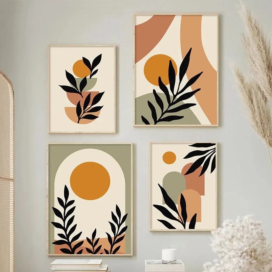 Abstrakt Geometric Orange Listy Green Wall Art Plagáty plátno maľba