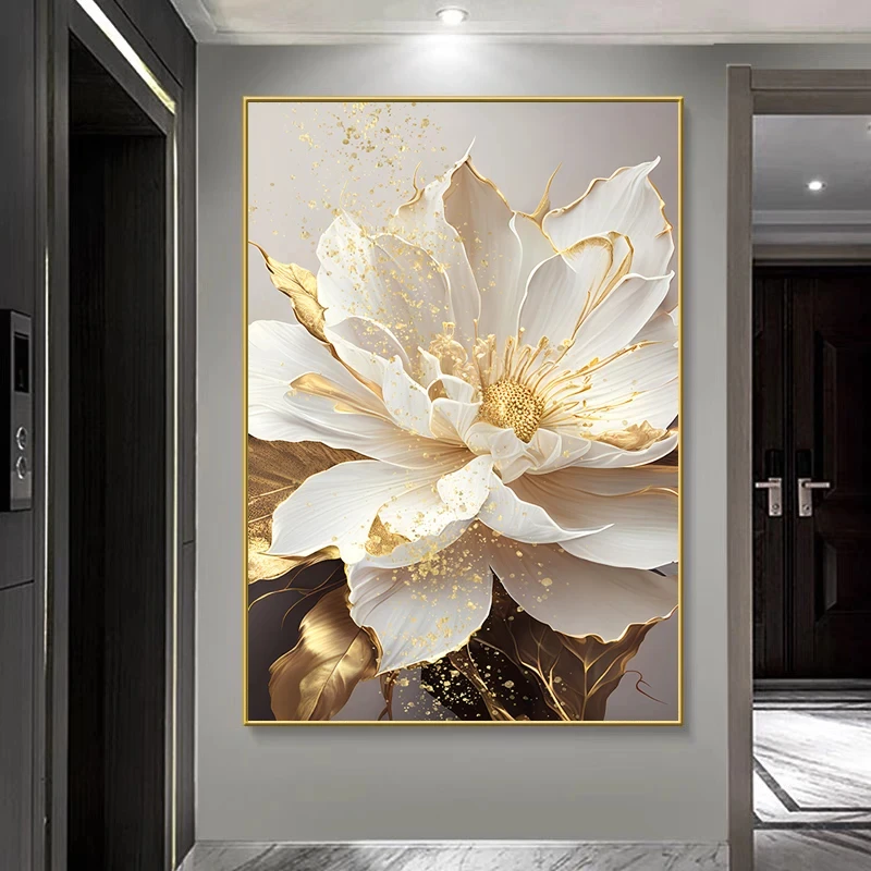 Abstrakt Gold Leaf White Blooming Flowers Obrazy, plagáty, tlačené plátno nástenné obrázky moderná domáca dekorácia