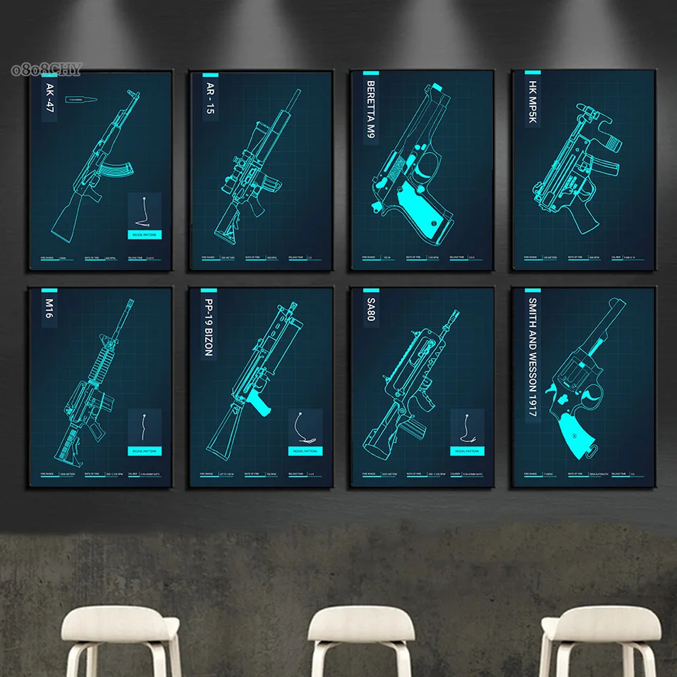 Abstrakt Gun Blueprint Wall Art Obrázky AK47 Gun Blueprint Plagáty plátno Tlač maľba pre modernú domácu obývaciu izbu dekorácie darček