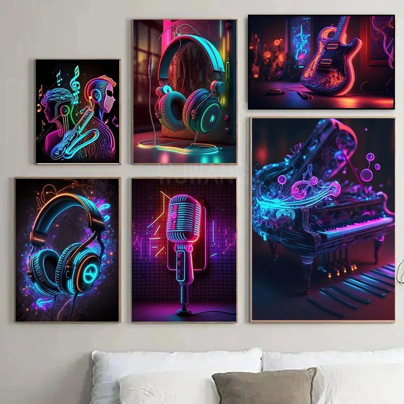 Abstrakt Neon Light Effect Hudobná náhlavná súprava gitara plagát tlač maľba maľba kreatívna estetika nástenné umenia