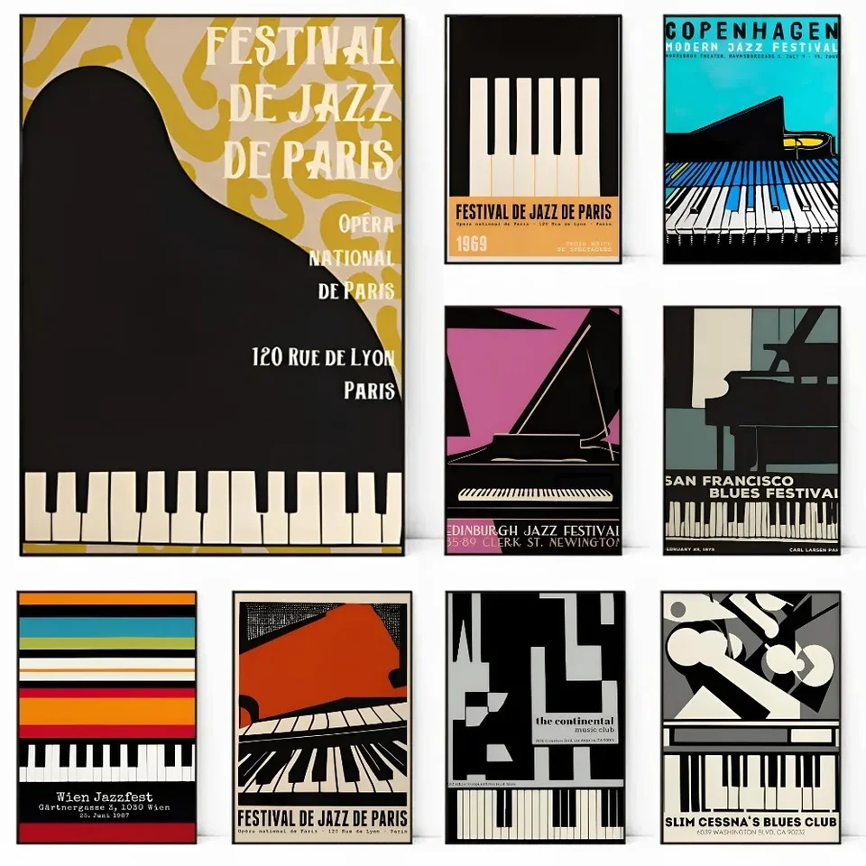 Abstrakt retro hudobné nástroje Canvas Art - Decor Decor pre klavír a gitaru pre hudobnú učebňu a praktickú izbu