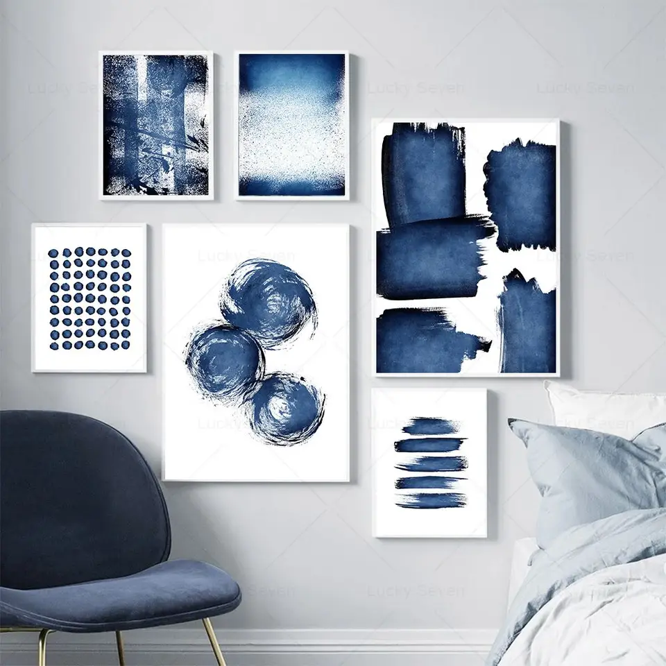 Abstrakt Watercolor Gallery Wall Art Canvas maľba Navy modré výtlačky Minimalistické moderné nordické plagáty obrázok obývacia izba dekor