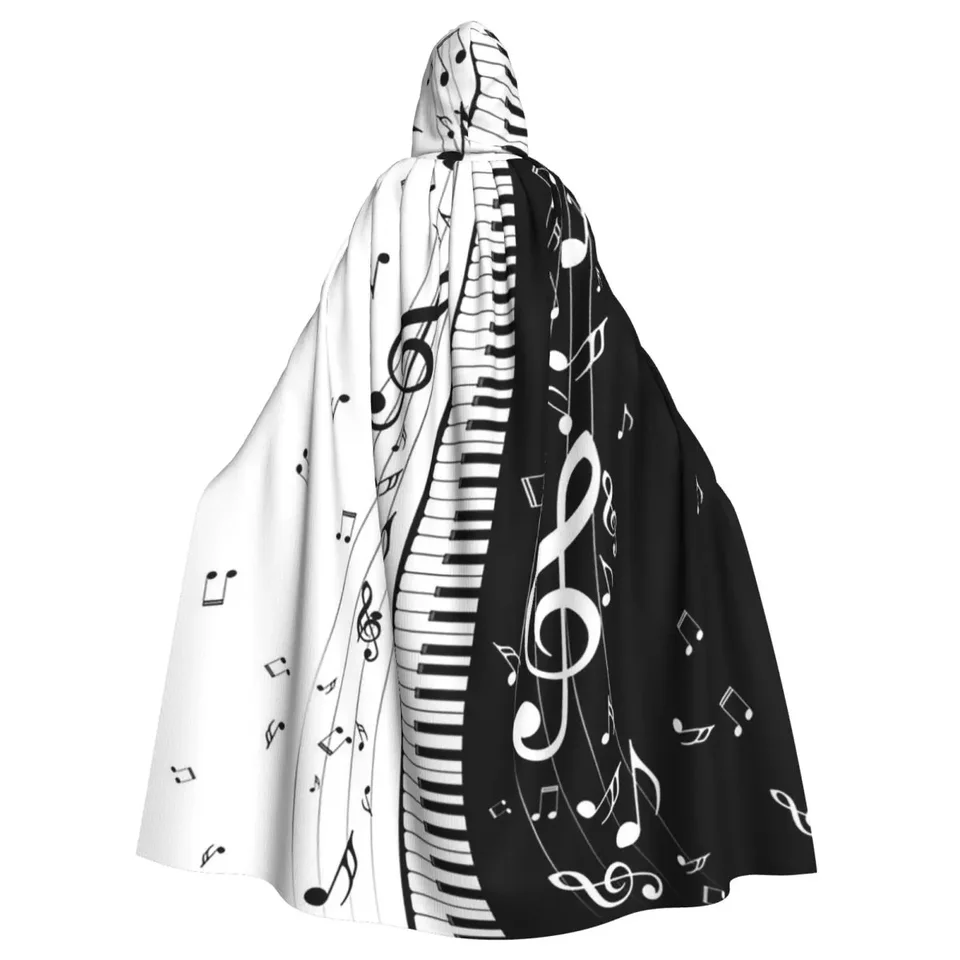 Abstraktné klavírne kľúče s hudobnými poznámkami Dlhé kapucňové čarodejnice Stredoveké kostým Cosplay Cape Halloweenparty dospelých unisex