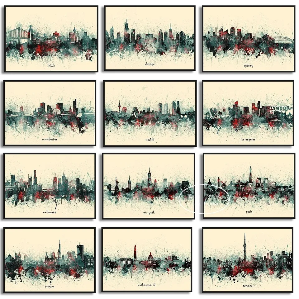 Abstraktné mestské panorámy Plagáty a tlač Londýna Paríž Barcelona Chicago Sydney Lisabon Wall Art Picture Canvas maľba