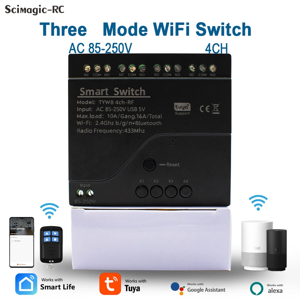 AC 85-250V 4ch TUYA WIFI SMART SWINT MAJE HLASE CONNATION A 433 RF