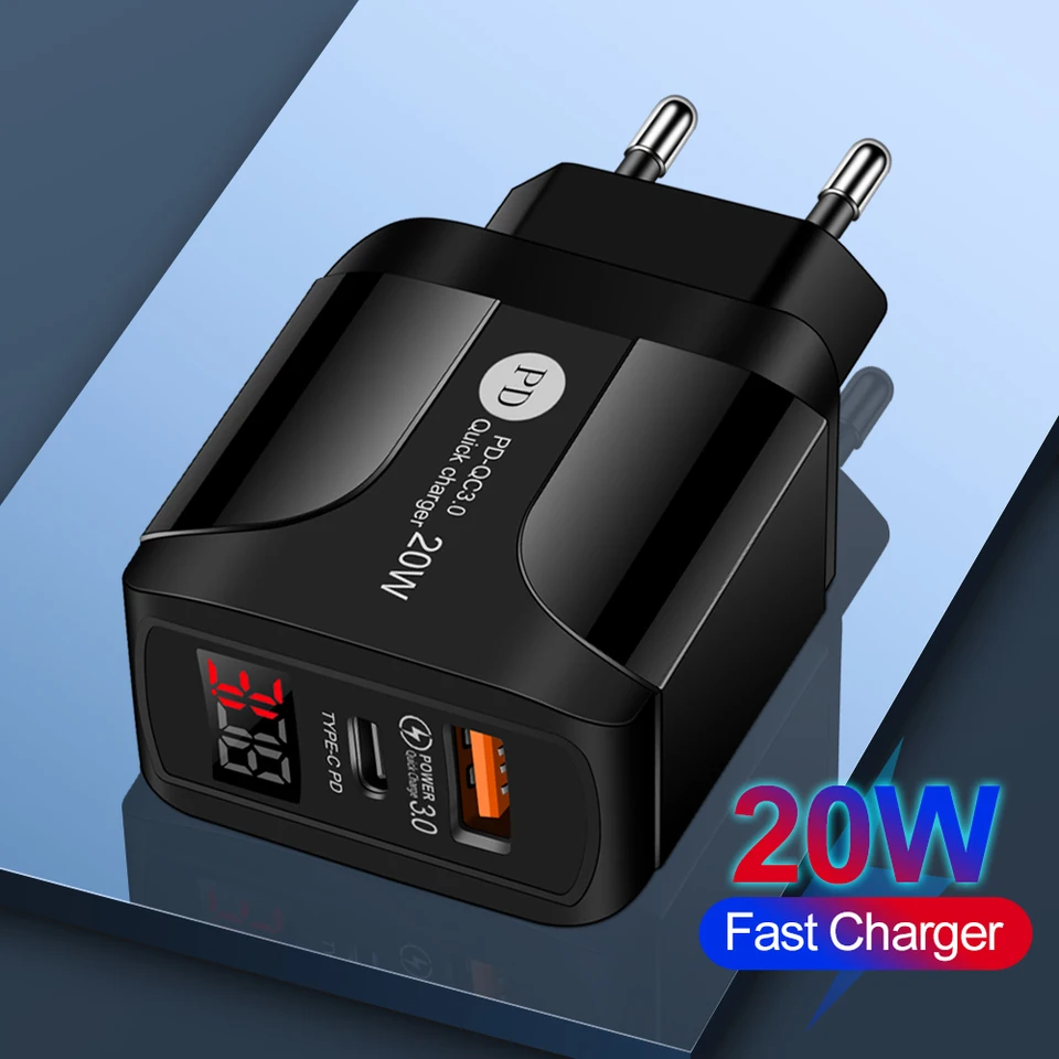 AC DC PD 20W Power Adapter 5V nabíjačka pre iPhone Samsung Xiaomi Type-C LED displej USB napájací zdroj zdroja cestovného adaptéra 5 V 5 Volt