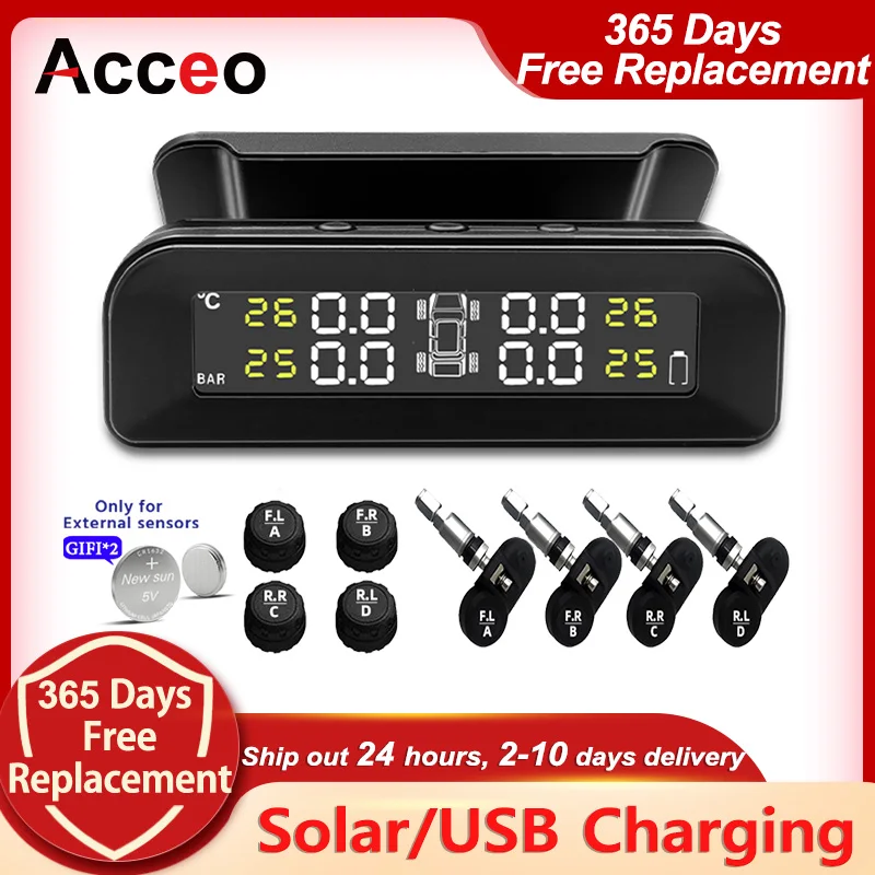 ACCEO K07 TPMS Solárne napájacie pneumatiky Monitorovanie tlaku LCD Digitálny tlakom