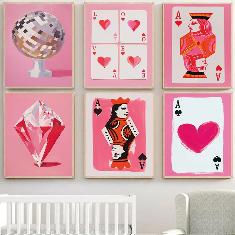 Ace of Hearts Love Hrací karta Queen Diamond Pink Disco Ball Plagát Tlač nástenné umelecké obrázky plátno maľba miestnosť domov dekor