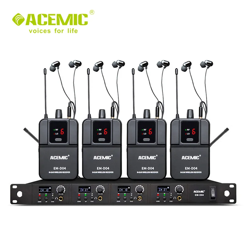 Acemic EM-D04 Professional Four-Channel Wireless in Ear Monitor System IEM Bodypack Monitorovanie uší monitorovanie pre javiskový výkon