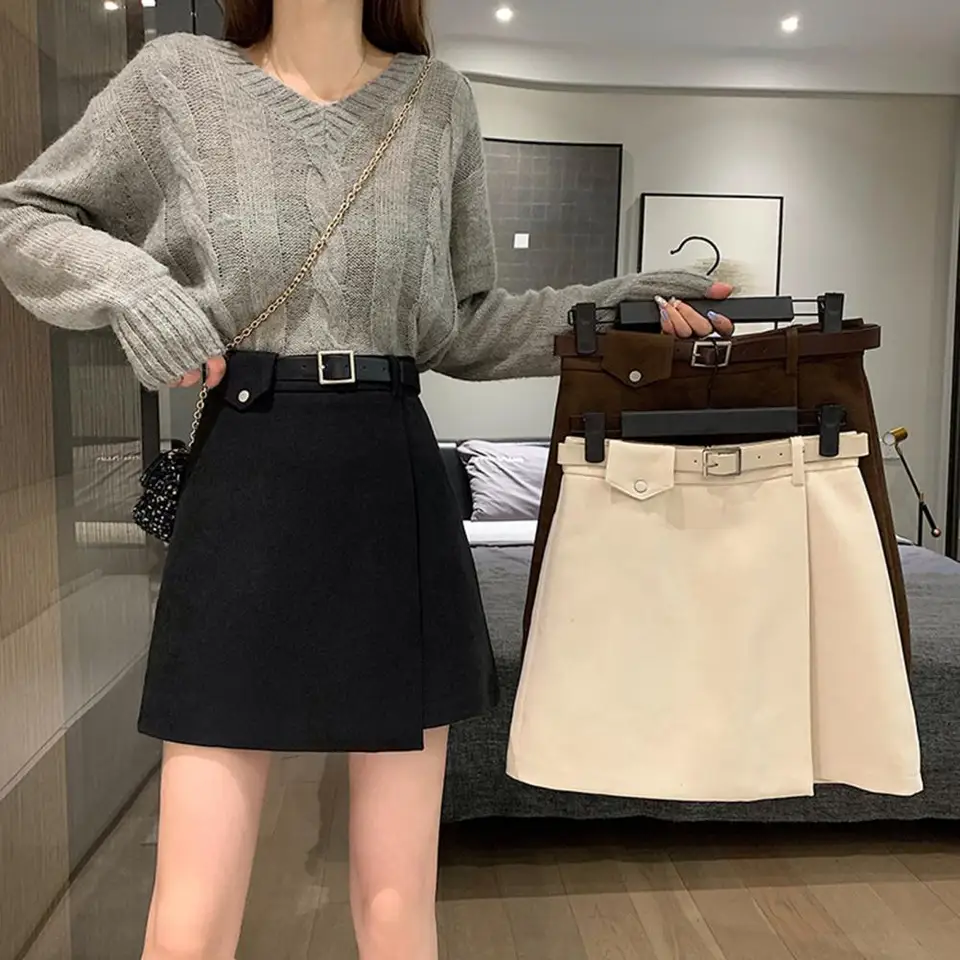 Ack Zipper Mini sukňa s opaskom jeseň a zimný pás s vysokým pásom Čierna sukňa Čierna sukňa pre ženy sukne Faldas Jupe Streetwear