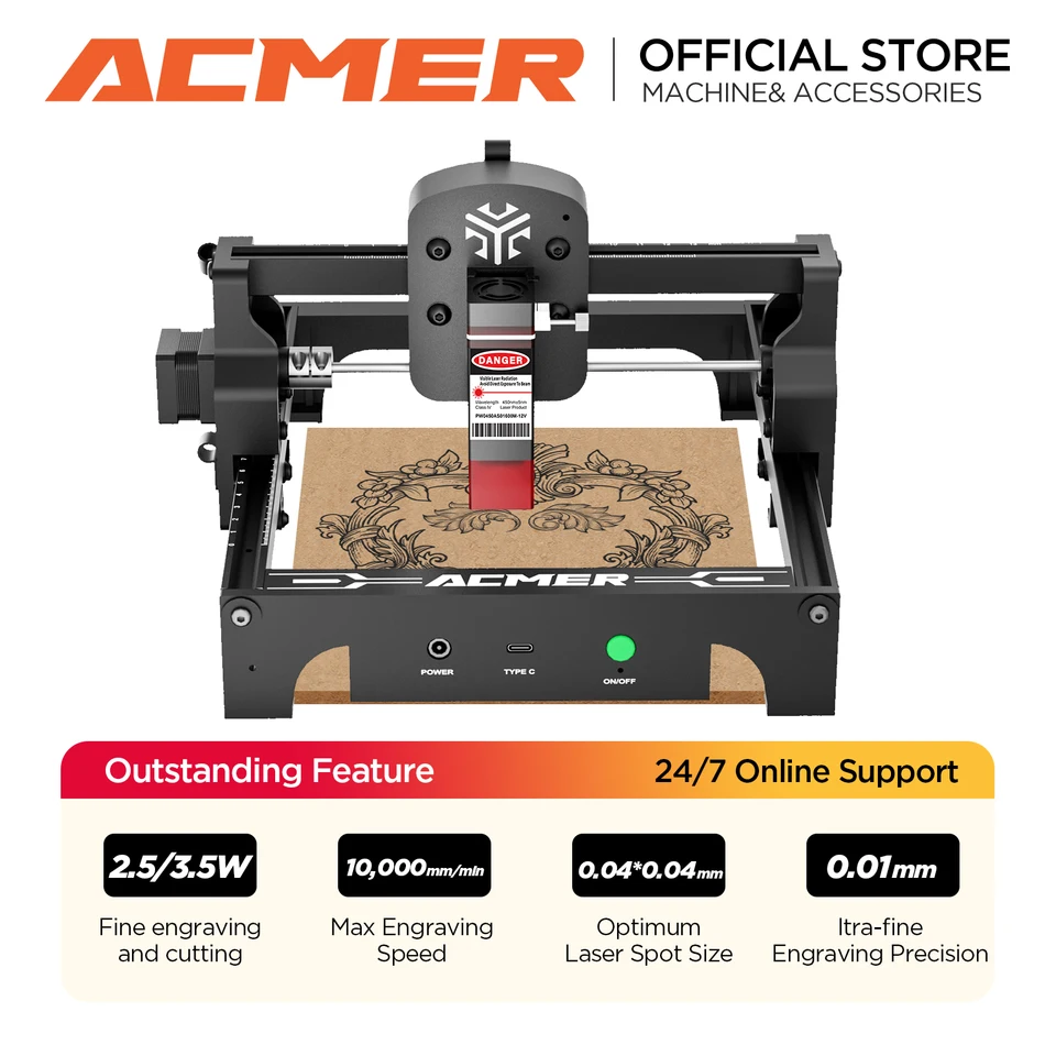 Acmer S1 2.5/3,5 W mini laserový gravírovací stroj CNC High Precision Prenosné modré svetlo Woodworking Pracovná práca na vyrytie stroja