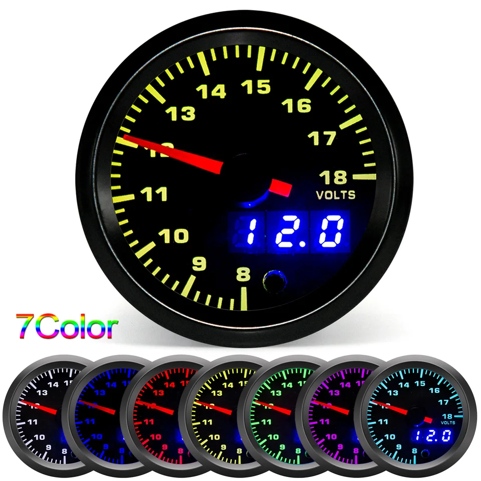 AD 52 mm napätie obrysu vozidla Volt voltov so 7 farbami podsvietený vodotesný indikátor Voltmeter 8 ~ 18 V príslušenstvo testera batérie