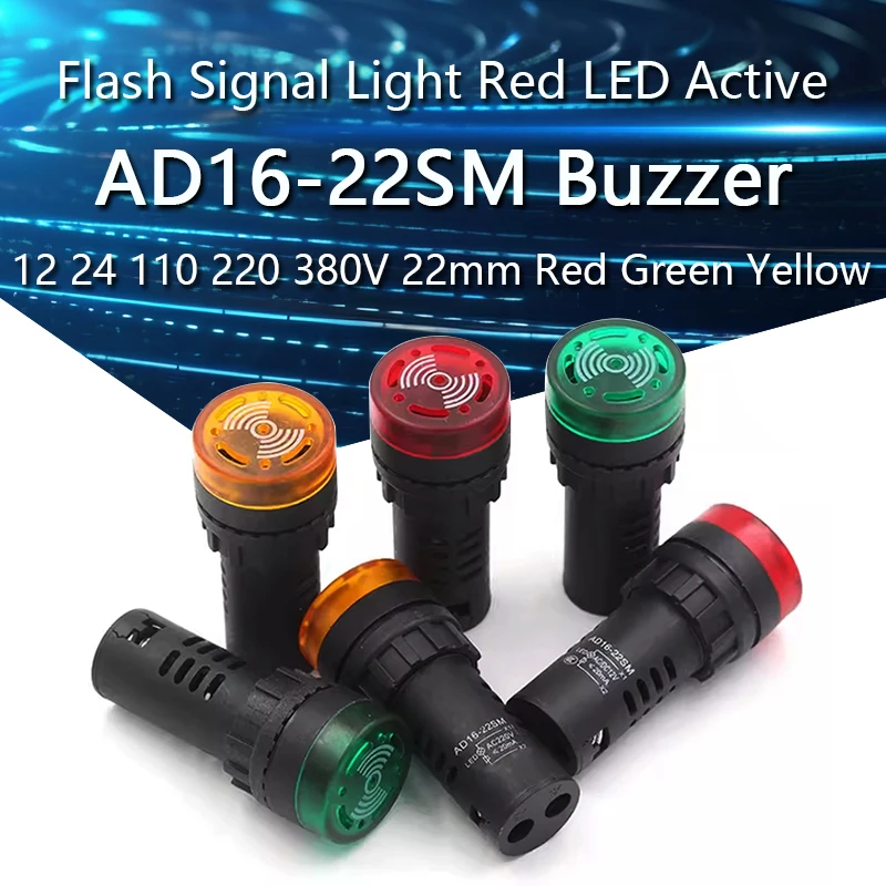 AD16-22SM 12V 24V 110V 220V 380V 22 mm flash signál svetlo červená LED dióda aktívny bzučiak Beep Alarm Indikátor červenej zelenej žltej farby