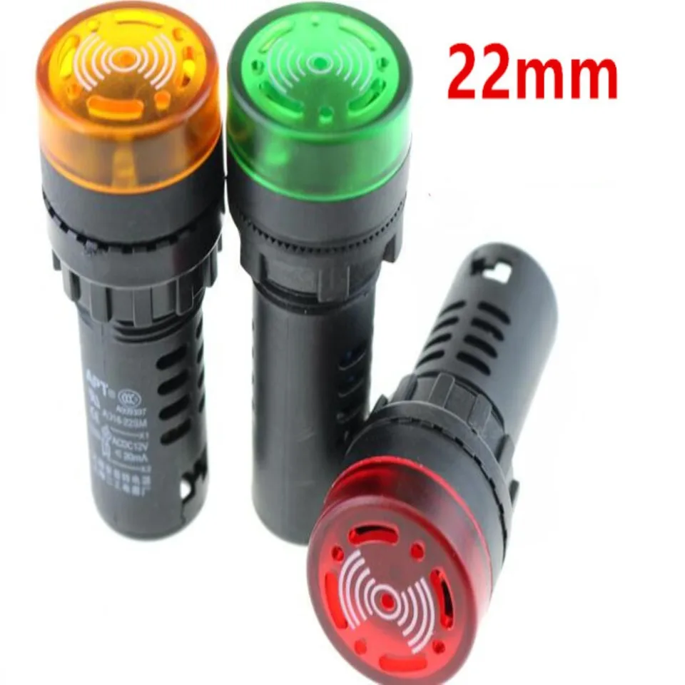 AD16-22SM DC 12V/24V Červená žltá zelená LED dióda LED signál Signál s bzučiakom pípnutím 22 mm Dia 60 mm výška