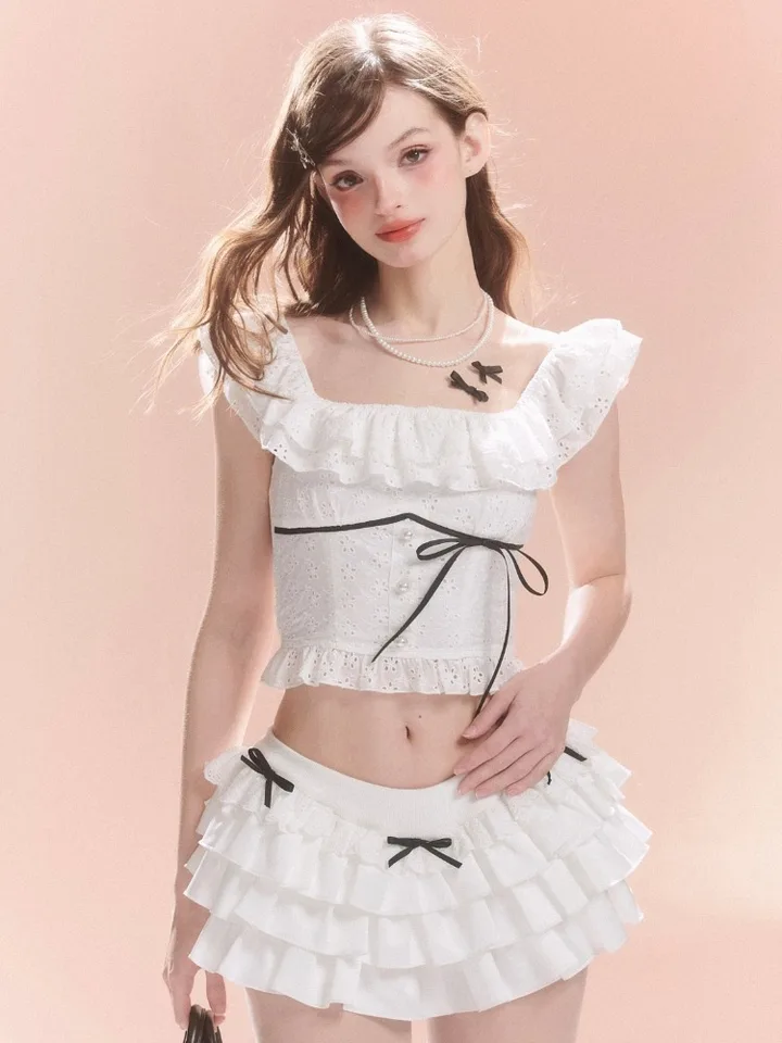 Adagirl jedno rameno biele tričko Ženy luk, kvetiny dutiny z plodín Top letné módne cutecore kawaii estetické oblečenie