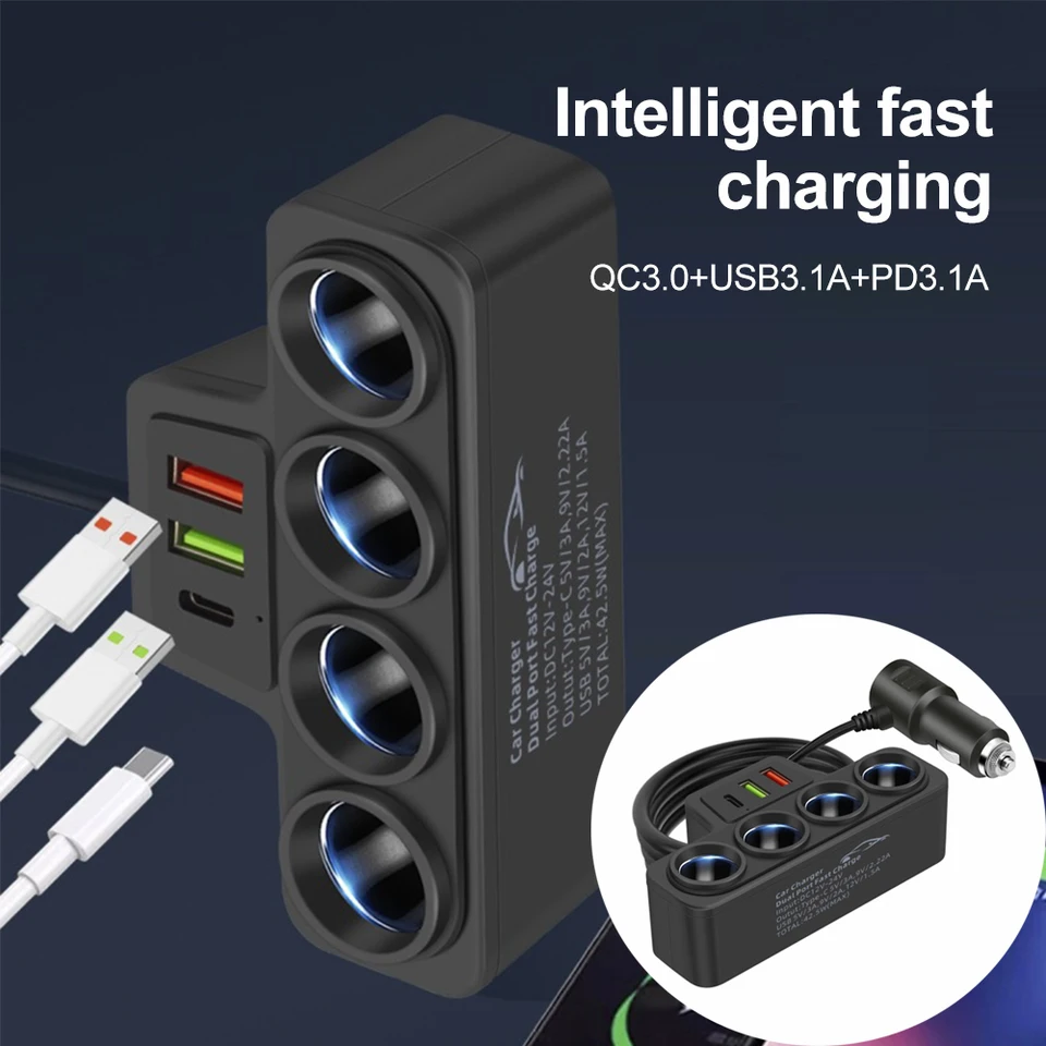 Adaptér na nabíjačku automobilu 4-soket USB Port 4 Way Cigaret Unter Usb Charger 120W 12V/24 V Adaptér cigariet Cigaret