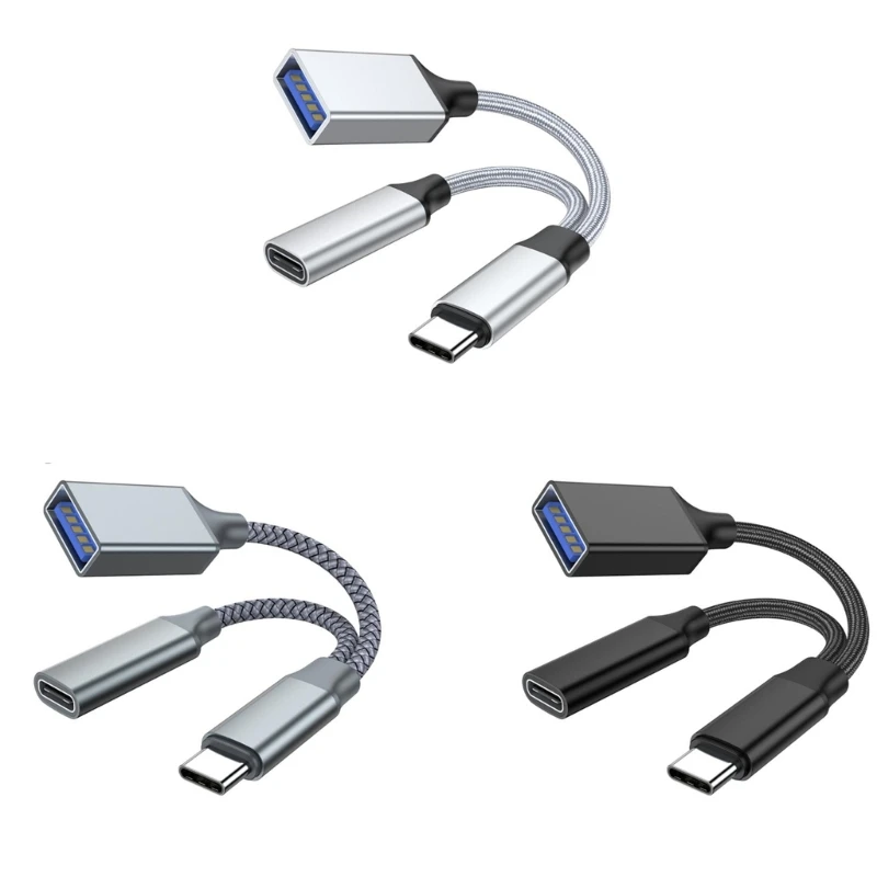Adaptér USB C OTG, 2 v 1 USB C Splitter s PD10W rýchlo nabíjajúcim sa Type-C OTG a USB Ženský port nylonový copový kábel