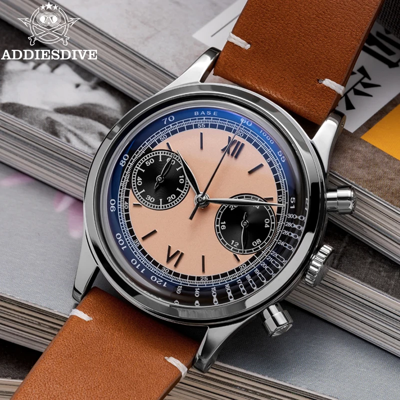 Addiesdive Watch 38mm Men Retro Fashion Multifunkčný chronograf Kožený remienok Quartz hodinky 100 me