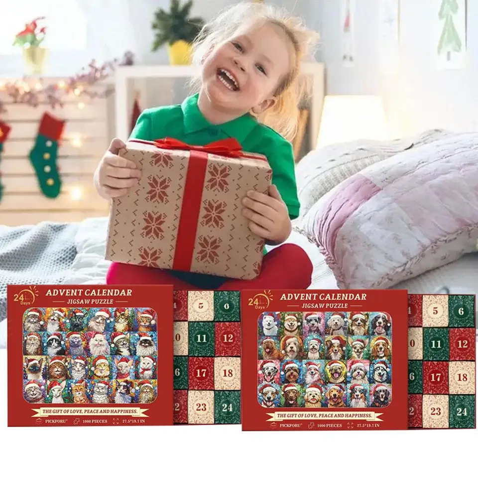 Advent Happy vianočné psy Puzzle odpočítavanie kalendár Vianoce 1000 Advent Puzzle Hrace Cute Supplies kuss jigsaw m2m2