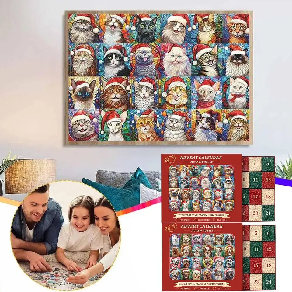 Advent Happy vianočné psy Puzzle odpočítavanie kalendár Puzzle Puzzle Advent Jigsaw Cute Supplies Vianoce 1000 kusov hračka o8k3