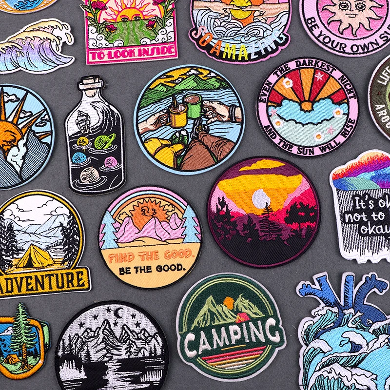 Adventure Cheer Iron na záplatách na oblečenie unášať výšivky fľaše na oblečenie kempingové prípojky Sun-Set Sticker Odznak