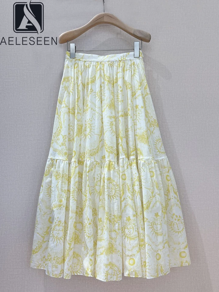 Aeleseen Vintage dlhá dizajnérska dizajnérka dizajnérky módy leto 100% bavlna High Street žltá kvetinová tlač elegantná večierok