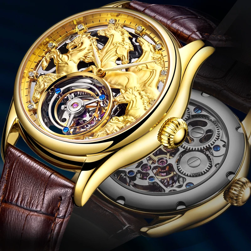AESOP TOP Brand Tourbillon Mechanické hodinky Zodiac Horse Skeleton 24k zlatá koža Luxusné náramkové hodinky pre mužov Sapphire Witerproof
