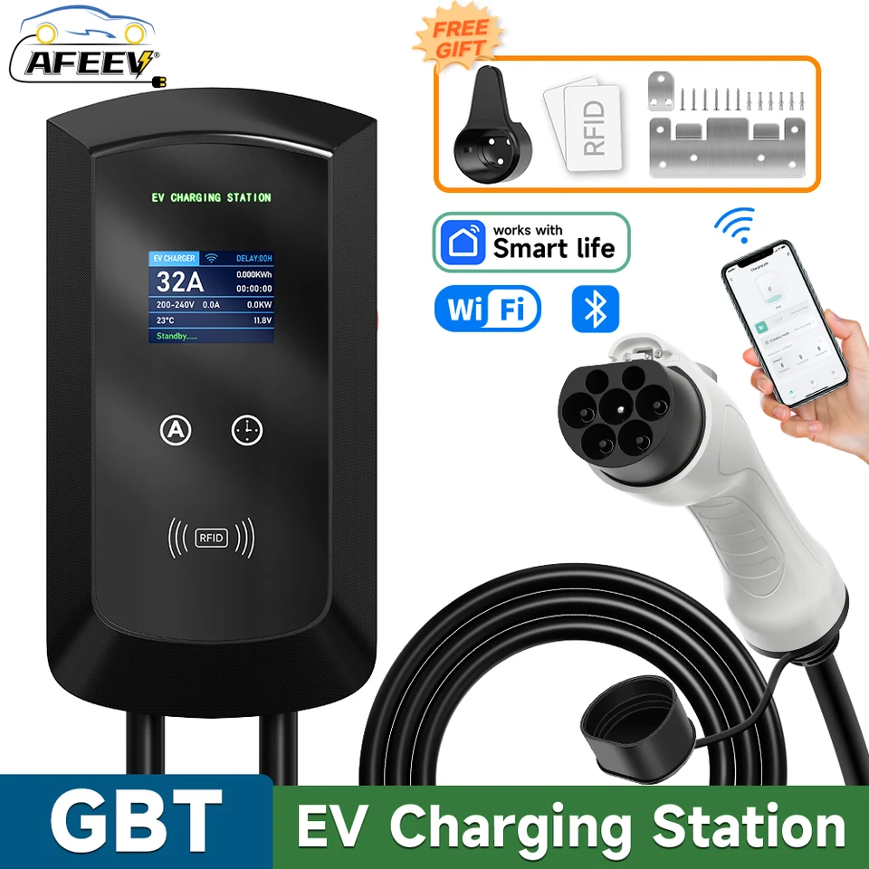 AFEEV 22KW 32A 3PHASE EV nabíjacie stanica GBT 20234 Elektrické nabíjačky automobilov 7.6/11KW EVSE WALLBOX WIFI Bluetooth