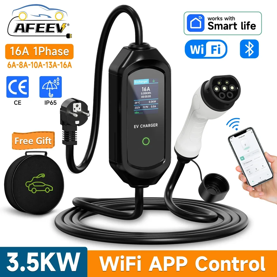 AFEEV prenosná nabíjačka EV typu2 IEC62196-2 EVSE Rýchle nabíjanie kábla typu1 SAE J1772 WALLBOX WIFI APP Bluetooth Wireless Control