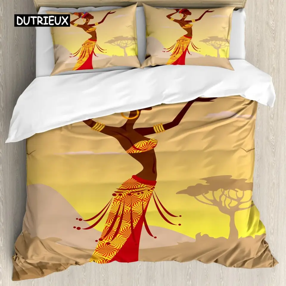 Africká obliečka na obliečka Kreatívna žena v púšti s čajkami lietajúcimi okolo folklórnej tlače Double Queen King Polyester Qulit Cover