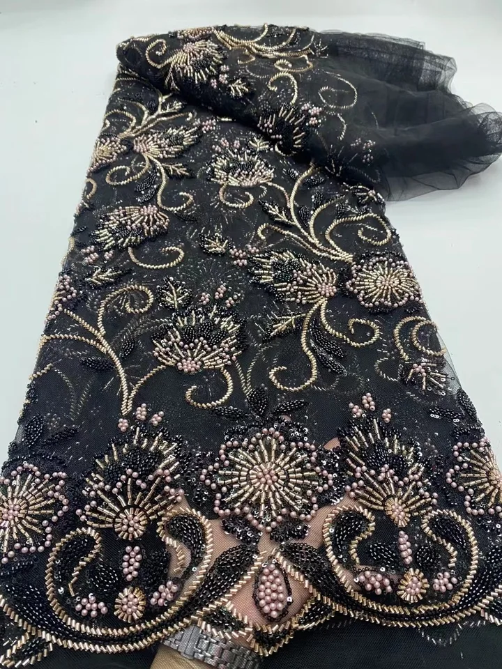 Africké nigérijské flitre výšivky Tull Lace Lace Tkanina, šijacie korálky kamenné šaty, vysoké kvalitné, 5yardy, 2025 dp0341