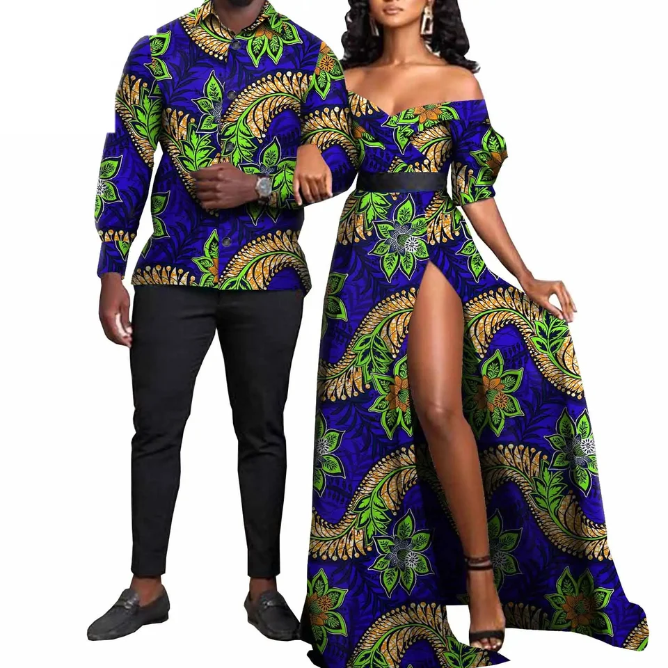Africké oblečenie pre páry sexy ženy Ankara tlač maxi Dlhé šaty zápas mužov oblečenie Party Top and Pants Set Vestidos