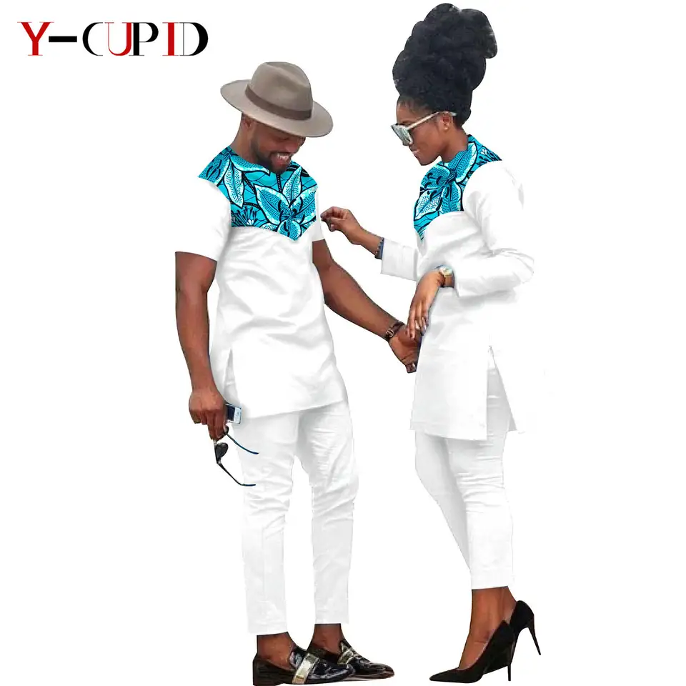 Africké oblečenie pre páry Ženy Ankara Print Top a Pants Sets Bazin Riche páry zodpovedajúce mužom Top a nohavice súpravy S20C001