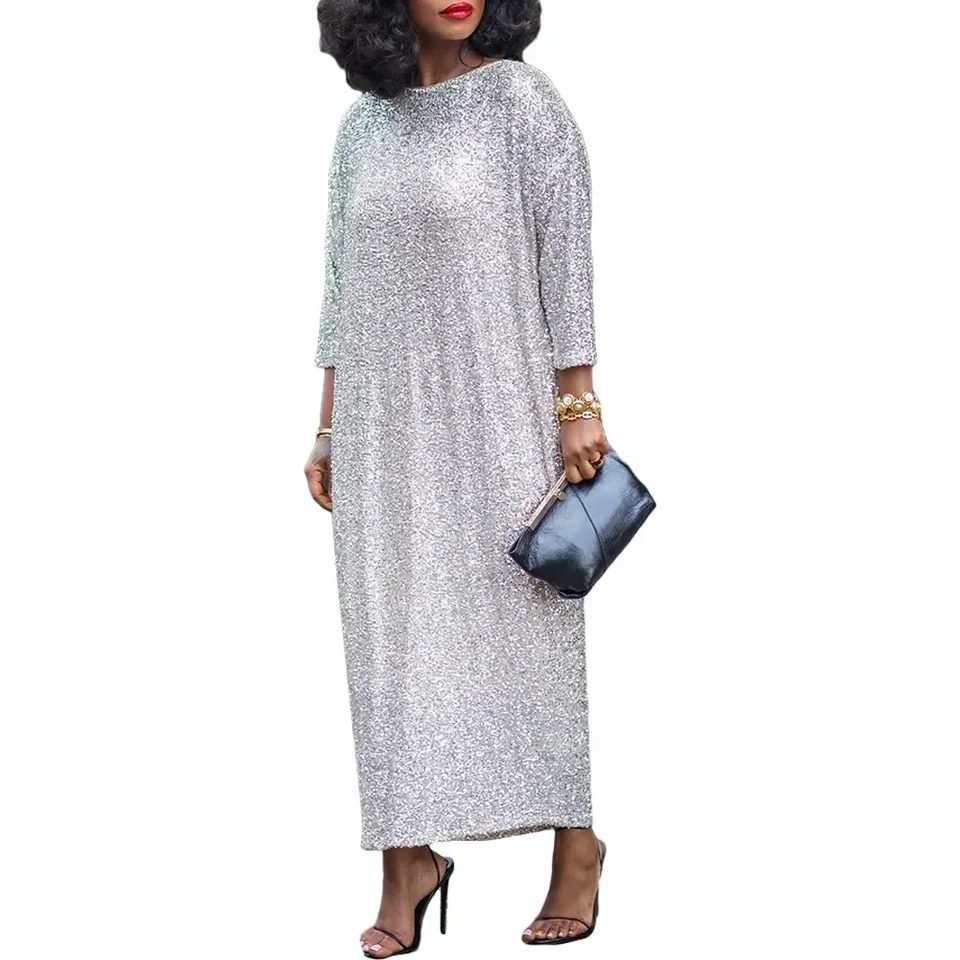 Africké plus šaty pre ženy elegantné africké 3/4 rukávy O-Neck Strieborný večierok večera maxi šaty Dashiki African Clothing