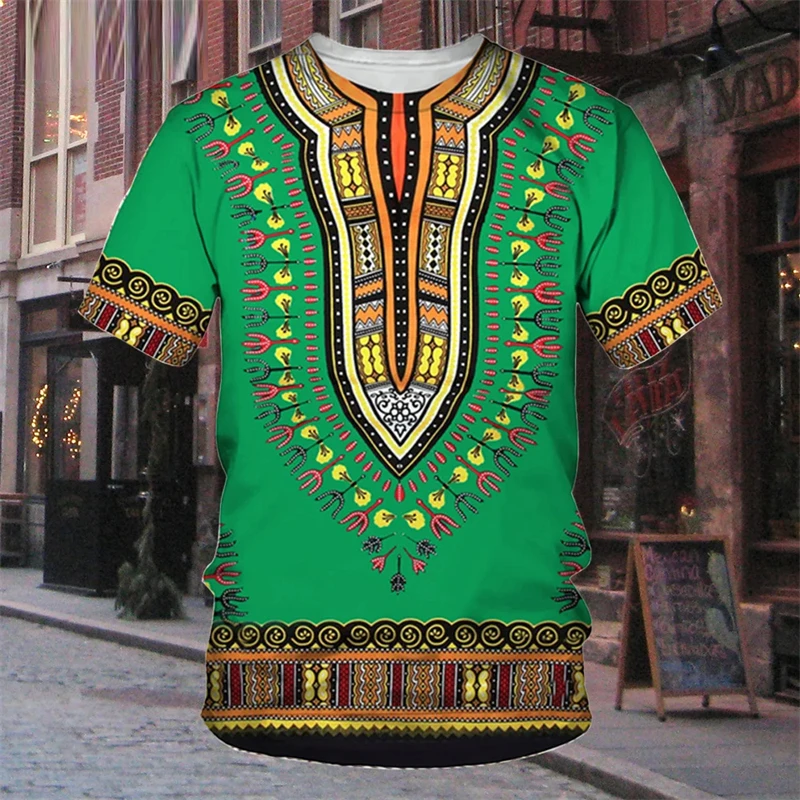Africké tradičné šaty pruh pirnt Tričko Príležitostné streetwear posádka krk tričká s krátkym rukávom Ropa hombre cool vzory vrcholy