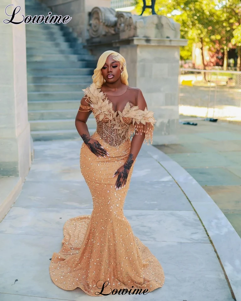 Africké zlaté kryštály Večerné šaty Mermaid číry krk luxusné celebrity šaty plus veľkosť večierky prispôsobené Vestidos de fiesta