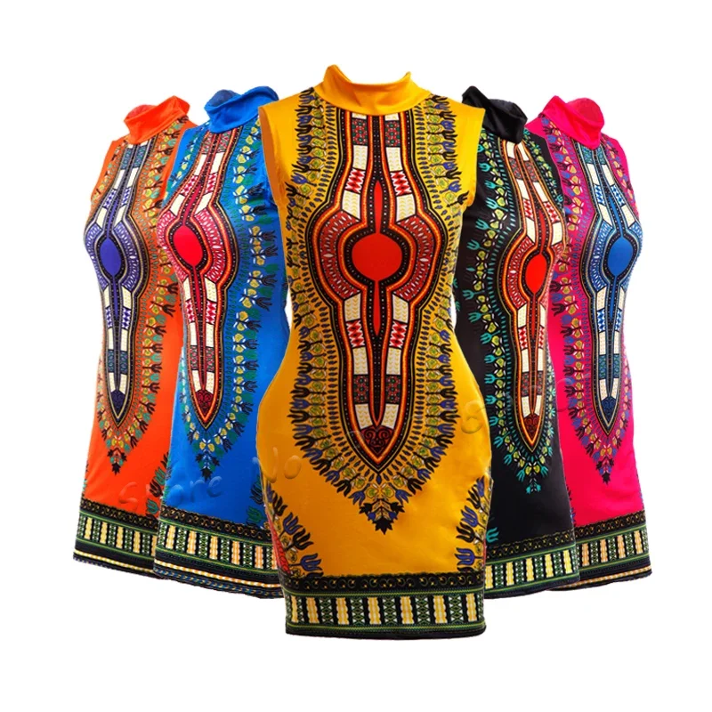 Africké šaty pre ženy Sleewveless Sexy pevne priliehajúca móda High Stretch Printing Slim Fit Hip Bazin Dashiki Clothing NX976