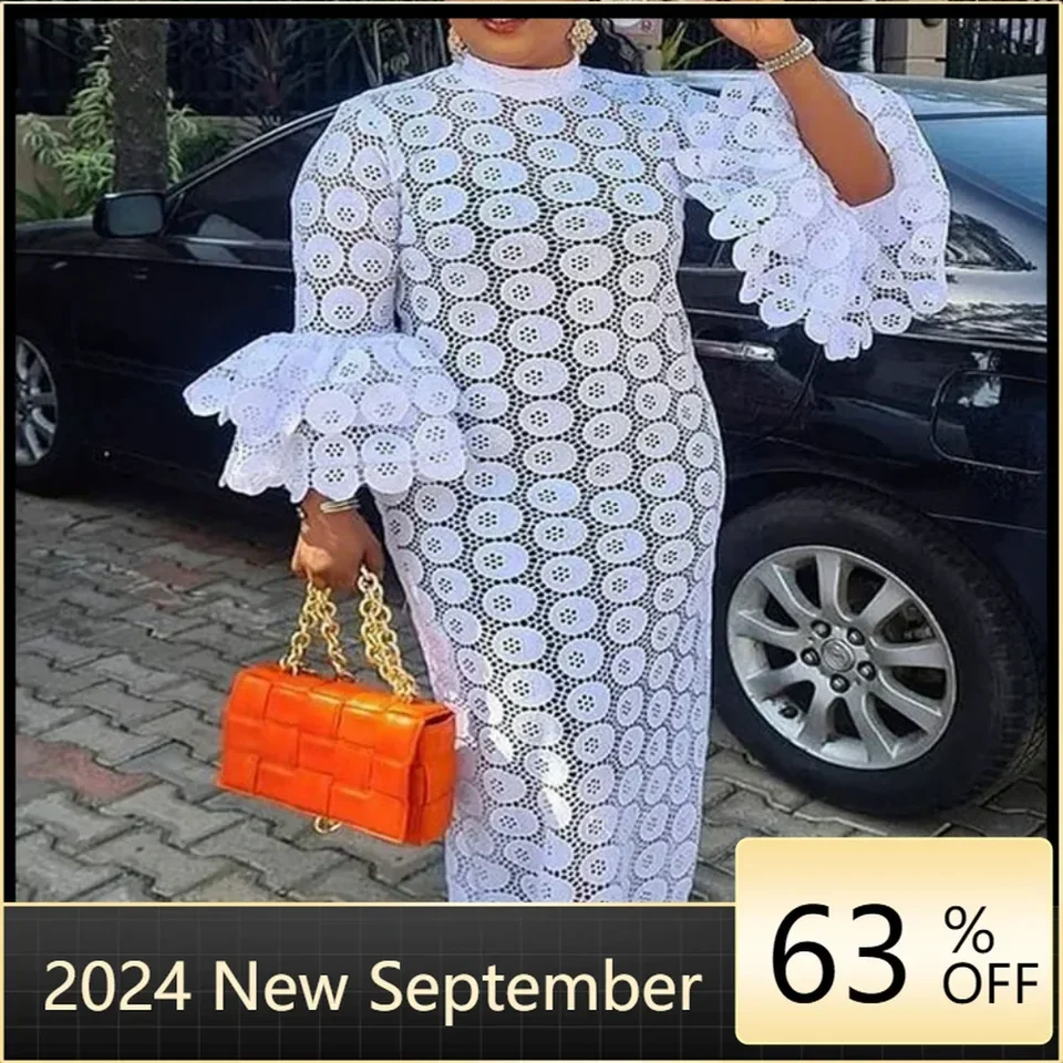 Africké ženy sa obliekajú dashiki elegantné maxi dlhé biele čipky Dutlow Out Muslim Fashion Abayas Robe Abaya Dubai Party