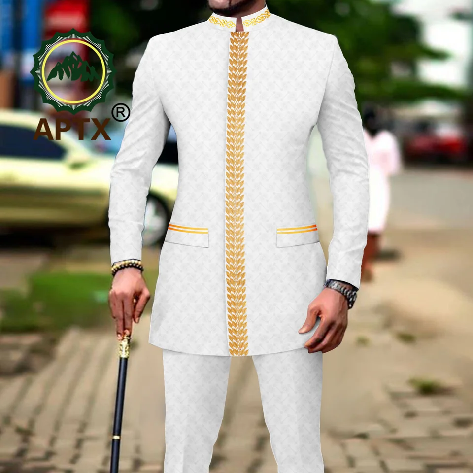 Africkí muži oblečenie bazin riche muži oblek dvojdielny stánok obojok s jednou dojčenou bundou Blazer Pants Party Svadba 2416082