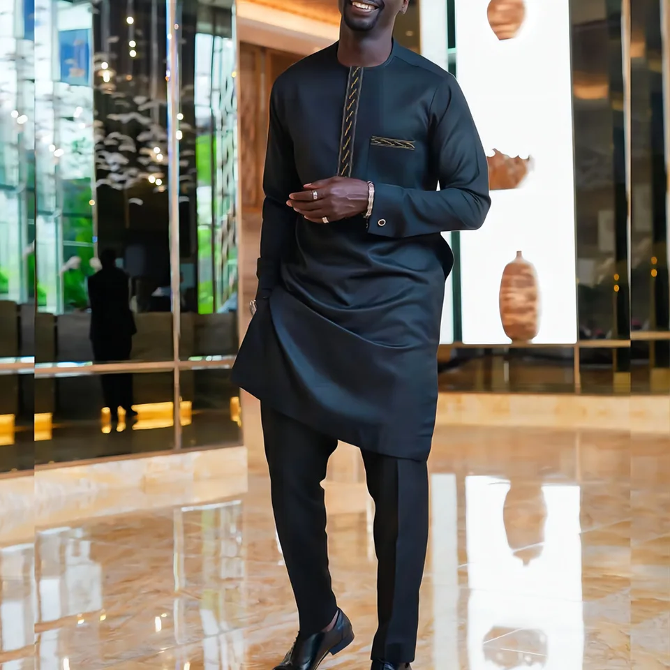 Africkí muži outfity vyšívacie vrecko Splice s dlhým rukávom okrúhle goliere Top nohavice s dvoma kusmi súprava gentleman