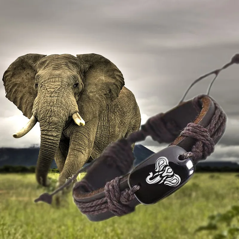 Africký krík Elephant Animal Backer Tkanina kožená lana Unisex náramok Yak Bone vyrezaný, móda pre ženy