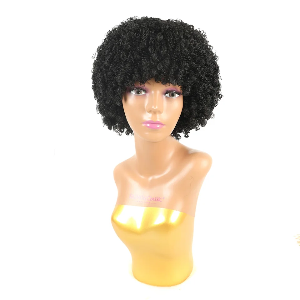 Afro Kinky Curly Syntetické krátke vlasové parochne s treskami prírodná farba krátka kučeravá syntetická hiara parochňa denne pre čierne ženy