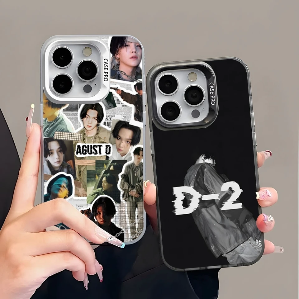 Agust d Suga kráľ roztomilý telefónny puzdro s farebným strieborným módnym telefónom pre iPhone 16 15 14 13 12 Pro Max 11 2024 módny pár