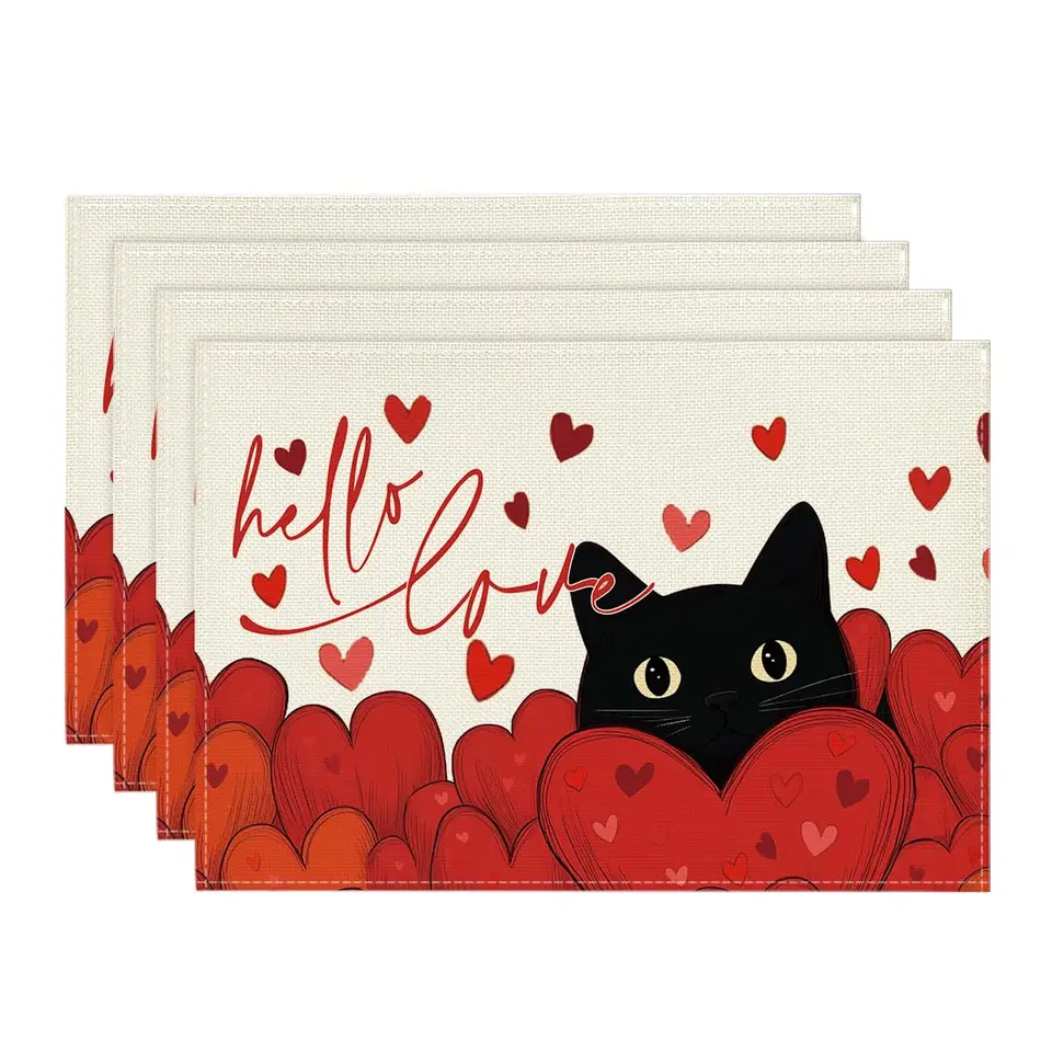 Ahoj láska Heart Cat Valentines Day prestieranky sada 4,12 x 18 palca svadobné výročie stolových rohoží pre párty