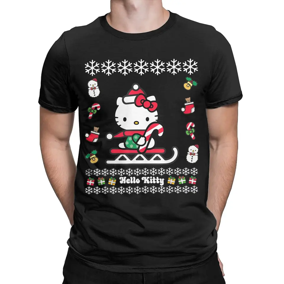 Ahoj mačiatko škaredé vianočné sveter Tričko Men Vintage Pure Cotton Tee tričko o krk s krátkym rukávom tričko plus oblečenie