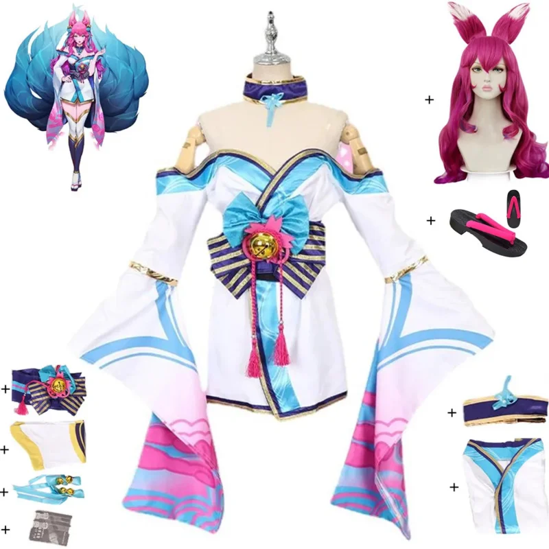 Ahri Cosplay kostým anime hra lol LOL deväť chvostov Fox Spirit Blossom Parochňové topánky Dospelé šaty Halloween Sexy Woman Kimono Suit A6