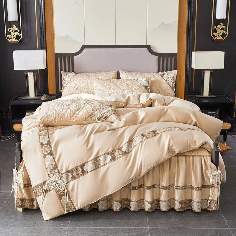 AI Winsure Chinese Vintage Bed Linen Set Set Set, 200x220, luxus, 4 kusy, kráľovná kráľ, prešívaná namontovaná plachta, sada podstielky, mäkká