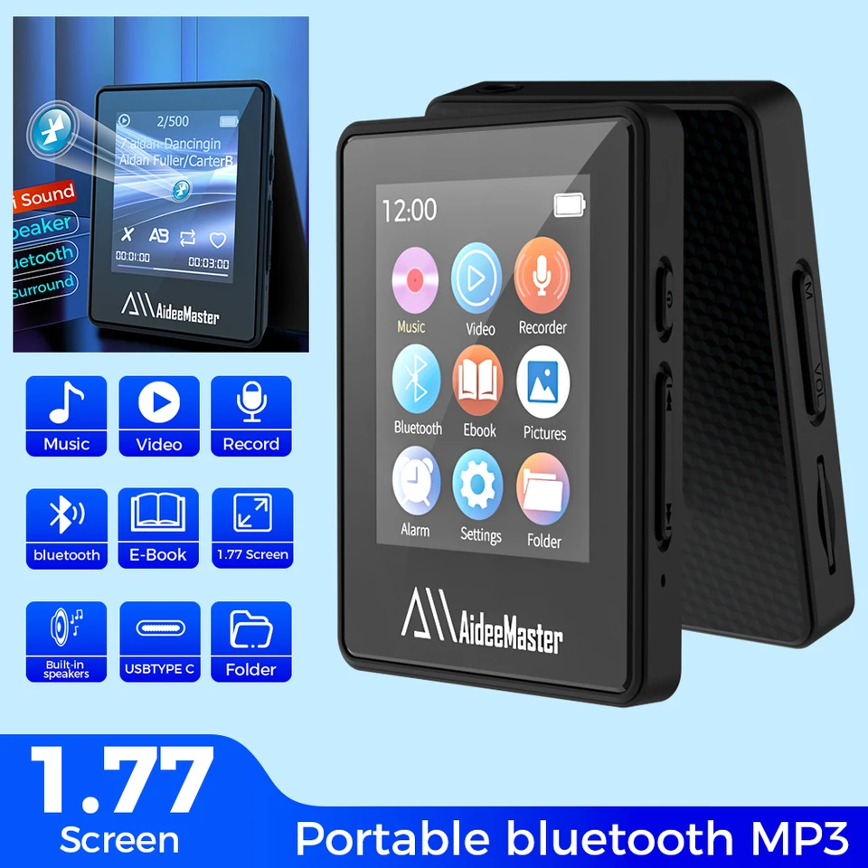 Aideemaster prenosný bt mp3 prehrávač bezdrôtového mini digitálne hifi bezstranné zvukové hudobné prehrávače Small Black Walkman Audio Player Player