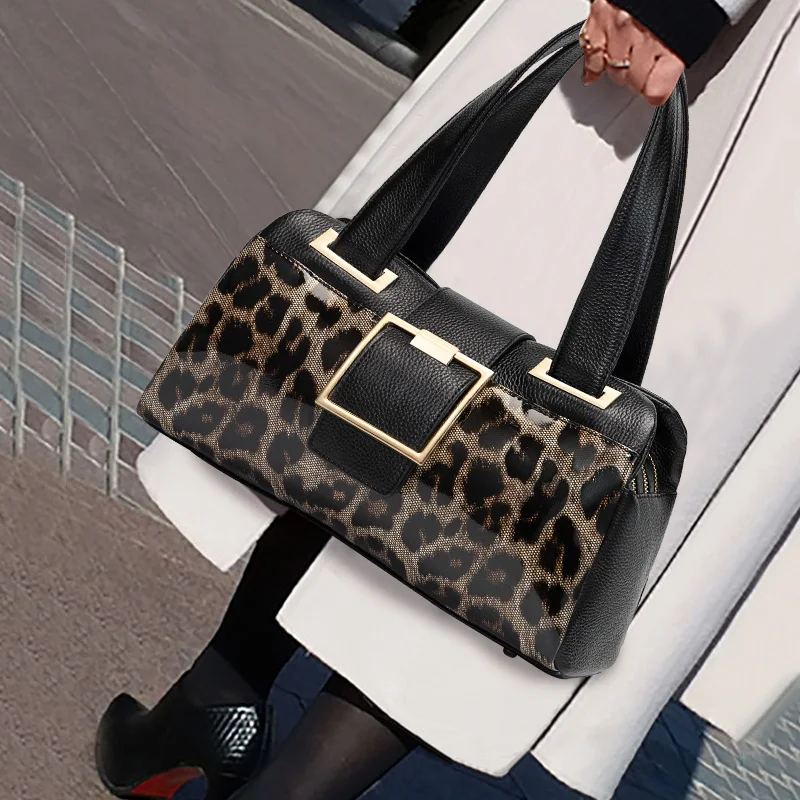 Aidrani módna originálna koža Dámska taška s veľkou kapacitou kapacita klasický leopardový vzor Cowhide One Ramer Crossbody Boston